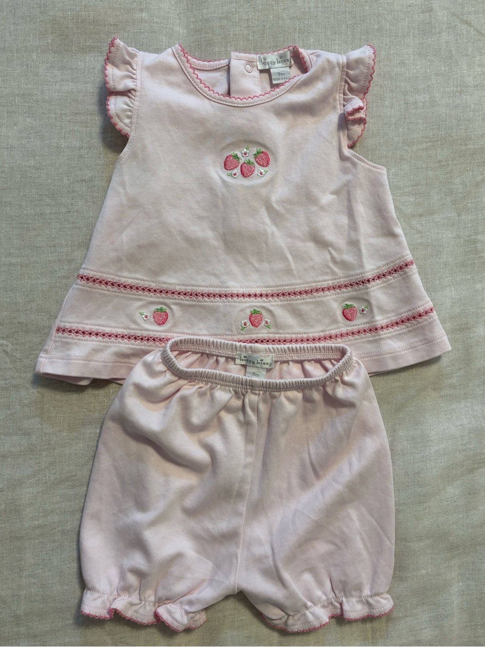 Kissy Kissy Pink Embroidered “Strawberry Essence” Sunsuit Set 9M